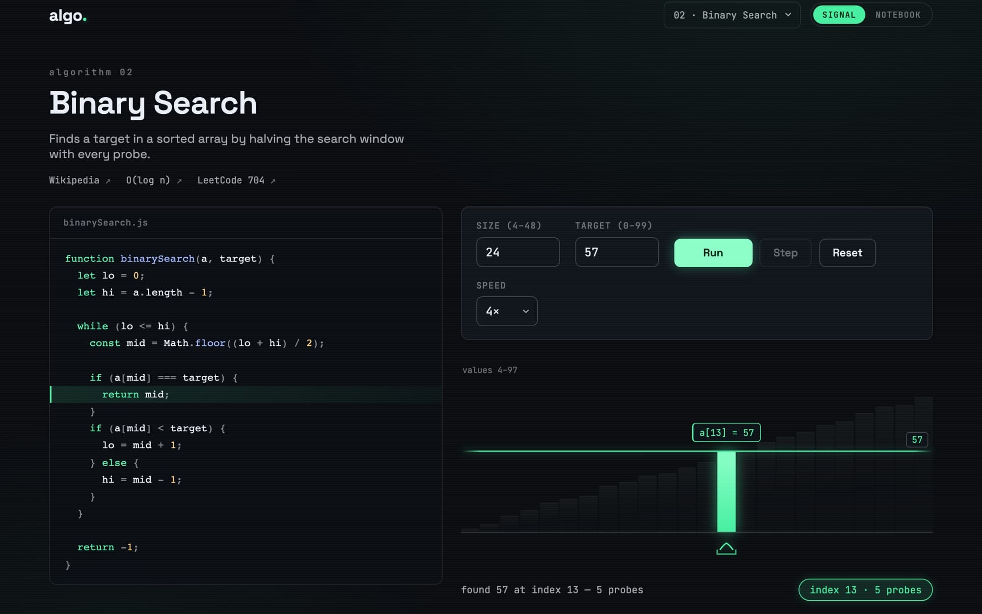Binary search in Signal at the moment the target is found: one bar lit bright green where it meets the target line