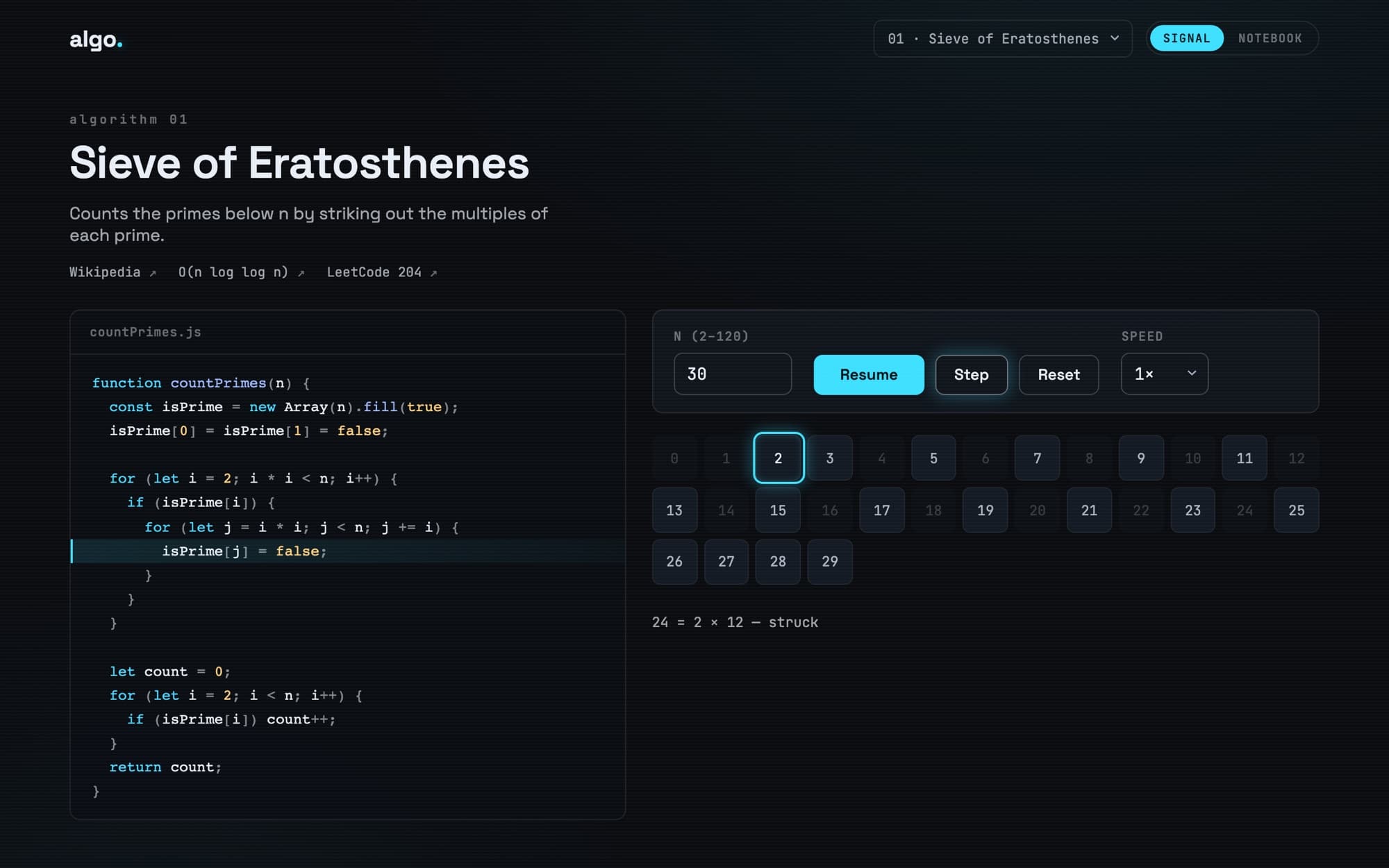 The algo. site running the Sieve of Eratosthenes: highlighted code beside a dark grid of numbers with a glowing cursor