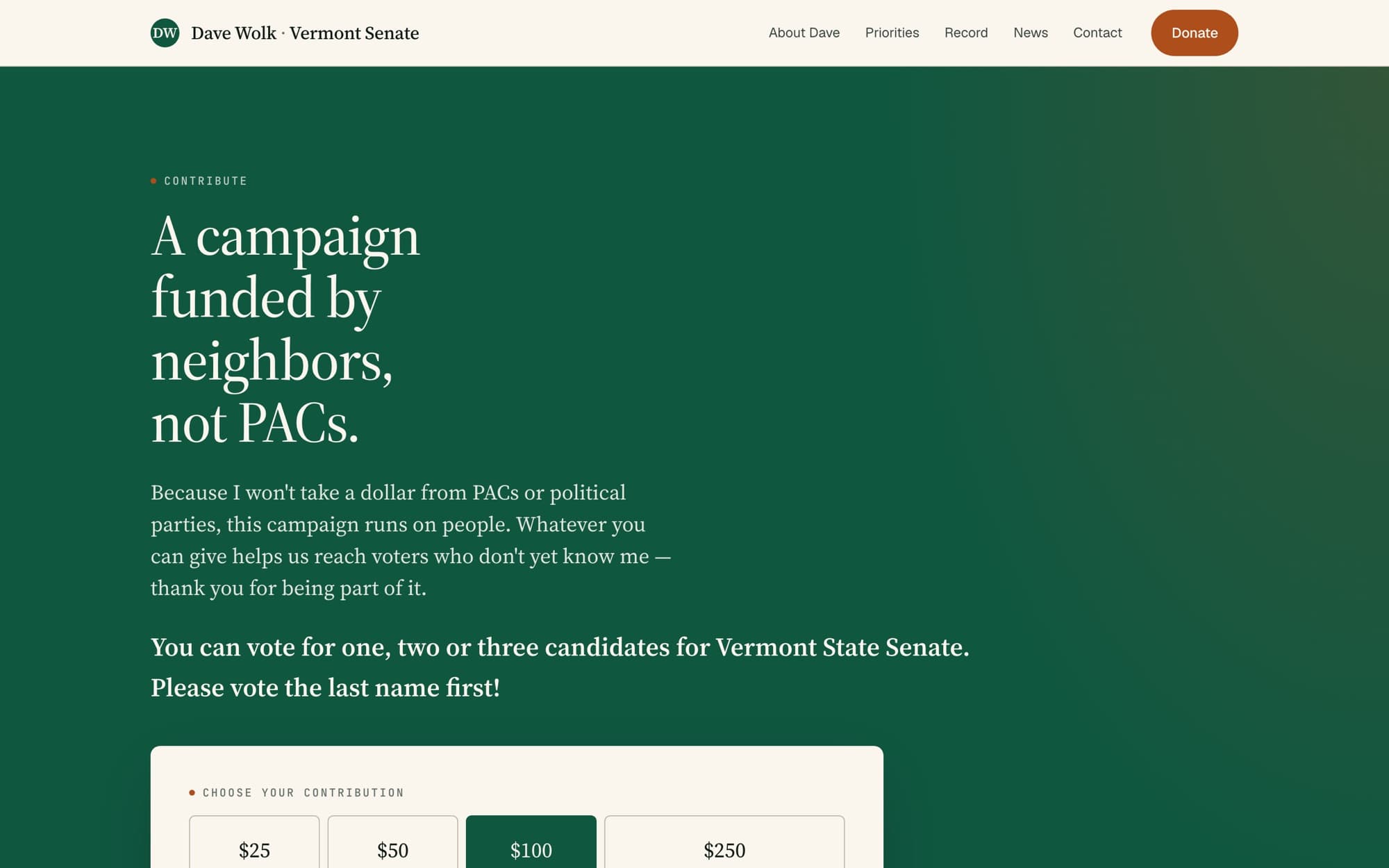 The donation page with contribution amount options over a green background