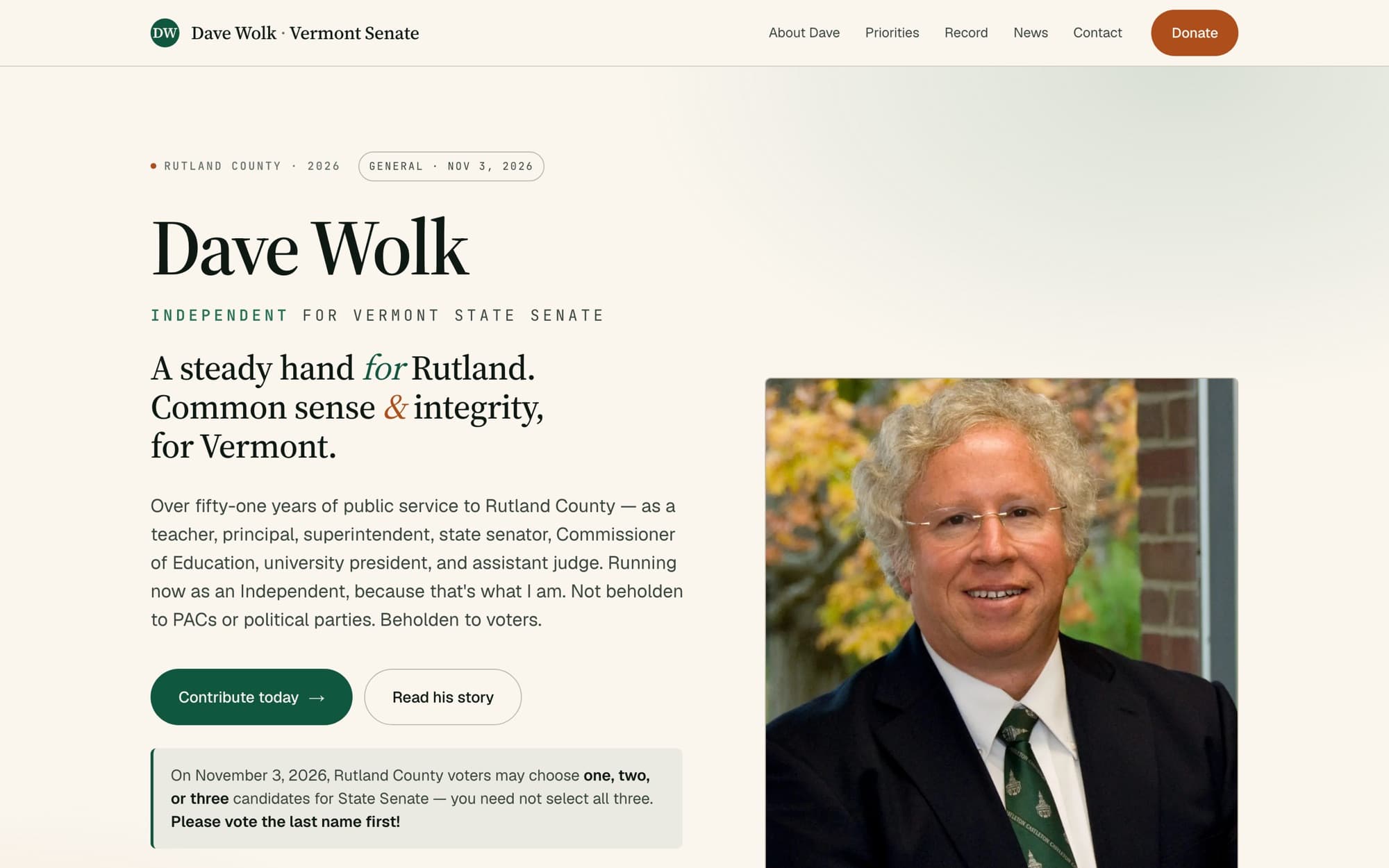 The Wolk for Senate homepage hero