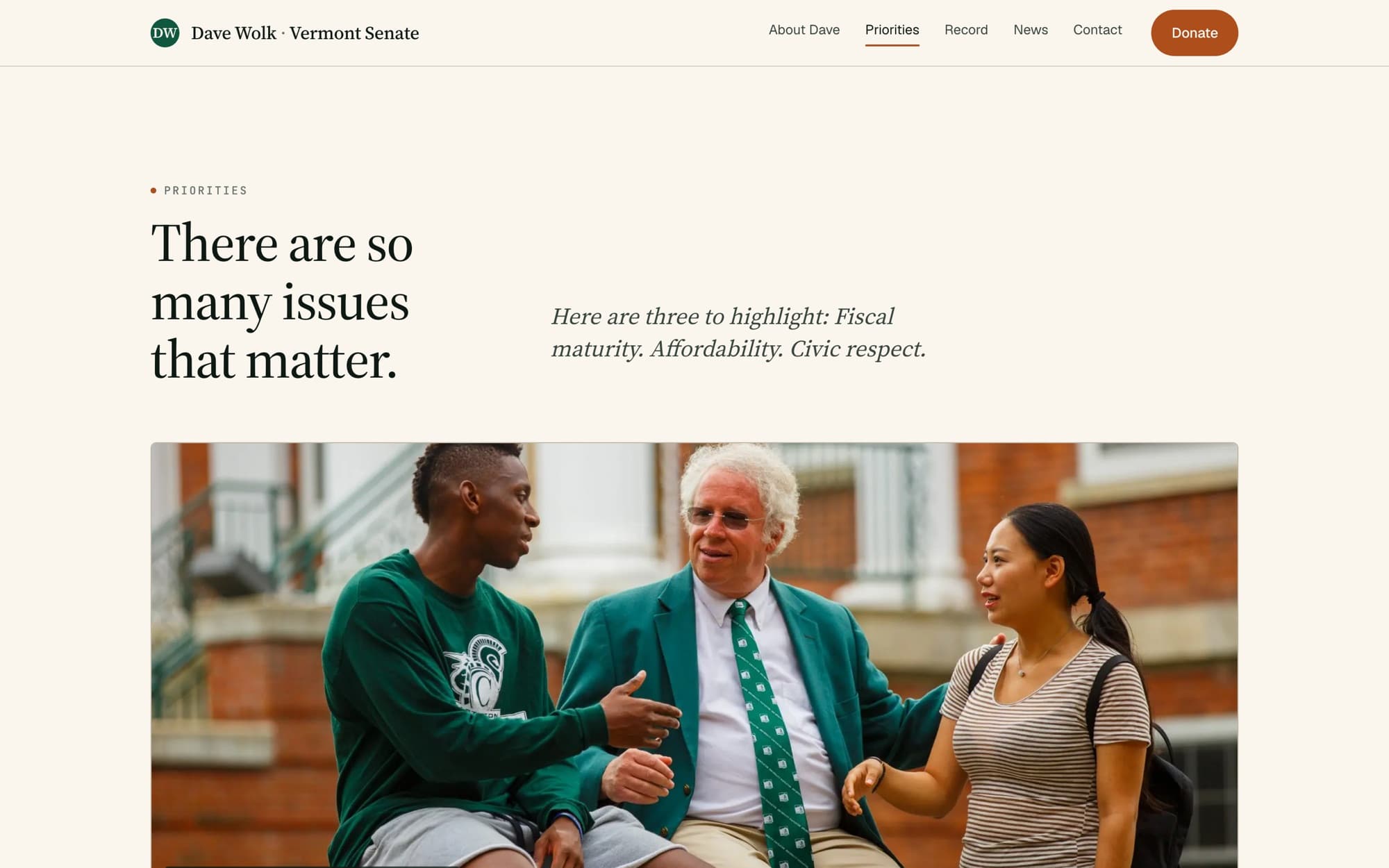 The Priorities page with an editorial headline and a photo of the candidate with constituents